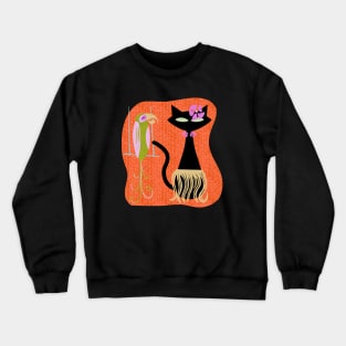 Hawaiian Hula Cat with Tropical Tiki Bird and Hibiscus Flowers Crewneck Sweatshirt